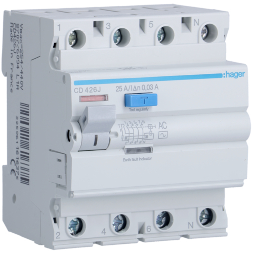 HAGER 4P 25A 30MA AC-TYPE RESIDUAL CURRENT CIRCUIT BREAKER